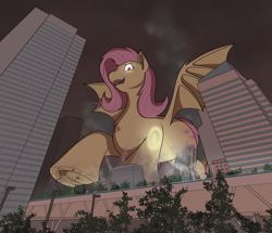 Size: 4174x3589 | Tagged: safe, artist:rapidstrike, derpibooru import, part of a series, part of a set, fluttershy, bat pony, series:giant flutterbat, absurd resolution, bat ponified, building, california, chest fluff, crush fetish, destruction, fangs, female, fetish, flutterbat, glowing, glowing eyes, helicopter, macro, mare, race swap, san francisco, searchlight, species swap, underhoof