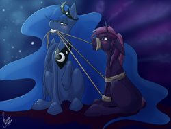 Size: 4000x3000 | Tagged: safe, artist:stirren, derpibooru import, princess luna, oc, alicorn, pony, unicorn, blushing, bondage, commission, couple, ears, female, floppy ears, grin, high res, horn, mare, mouth hold, rope, rope bondage, sitting, smiling, wings, your character here