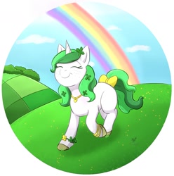 Size: 1470x1479 | Tagged: safe, artist:foxhatart, derpibooru import, oc, oc:clover, pony, unicorn, bow, eyes closed, female, mare, partial background, rainbow, smiling, solo, tail, tail bow