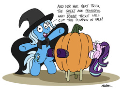 Size: 1024x757 | Tagged: safe, artist:bobthedalek, derpibooru import, starlight glimmer, trixie, pony, unicorn, assistant's outfit, bipedal, box, box sawing trick, cape, clothes, cuffs (clothes), duo, female, fishnet stockings, hat, high heels, inconvenient trixie, magic show, magic trick, mare, pumpkin, shoes, simple background, starlight is not amused, this will end in, this will end in pain and/or death, this will not end well, unamused, white background, witch costume, witch hat