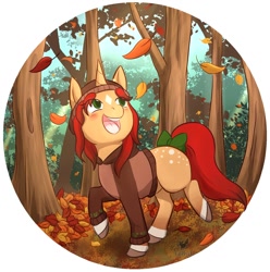 Size: 1506x1518 | Tagged: safe, artist:foxhatart, derpibooru import, oc, oc only, oc:toffee apple, pony, unicorn, autumn, bow, clothes, eye clipping through hair, female, horn, leaf, leaves, mare, open mouth, open smile, smiling, solo, sweater, tail, tail bow, tree, unicorn oc