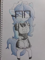 Size: 1548x2064 | Tagged: safe, artist:cherro, derpibooru import, oc, oc only, oc:insatiable void, semi-anthro, unicorn, clothes, female, glasses, maid, milf, one eye closed, smiling, solo, traditional art, wink