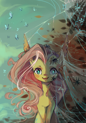 Size: 700x1000 | Tagged: safe, artist:duckjifs246, derpibooru import, fluttershy, butterfly, pony, spider, every little thing she does, bust, female, full face view, leaves, long ears, looking at you, mare, open mouth, open smile, portrait, sitting, smiling, solo, spider web, stray strand