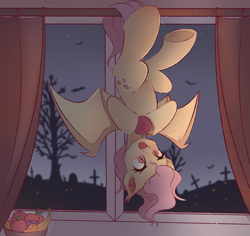 Size: 3238x3057 | Tagged: safe, artist:vetta, derpibooru import, fluttershy, bat pony, pony, apple, bat ponified, female, flutterbat, food, frog (hoof), hanging by tail, high res, hoof hold, indoors, looking at something, mare, night, open mouth, prehensile tail, race swap, solo, species swap, spread wings, tail, underhoof, upside down, window, wings
