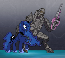 Size: 1600x1420 | Tagged: safe, alternate version, artist:jacalope, artist:white-eyed vireo, color edit, derpibooru import, edit, princess luna, alicorn, alien, pony, arbiter, colored, crossover, elite, energy sword, energy weapon, female, gun, halo (series), mare, plasma grenade, plasma rifle, serious, serious face, video game crossover, weapon