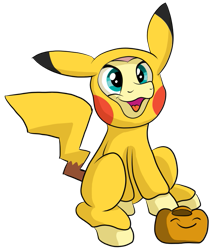 Size: 591x684 | Tagged: safe, artist:pony-thunder, derpibooru import, fluttershy, pegasus, pikachu, pony, clothes, costume, cute, kigurumi, open mouth, open smile, pokémon, shyabetes, simple background, smiling, solo, transparent background