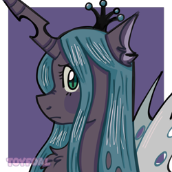 Size: 1000x1000 | Tagged: safe, artist:toyfoal, derpibooru import, queen chrysalis, changeling, changeling queen, bust, chest fluff, female, looking at you, portrait, profile, simple background, solo, spread wings, stray strand, wings