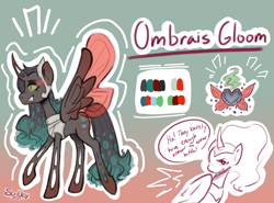 Size: 4048x3000 | Tagged: safe, artist:scribleydoodles, derpibooru import, king sombra, nightmare moon, queen chrysalis, queen umbra, oc, changeling, changeling queen, pony, unicorn, butterfly wings, changeling oc, color palette, commissioner:bigonionbean, crown, cutie mark, ethereal mane, ethereal tail, female, fusion, horn, jewelry, magic, mare, reference sheet, regalia, rule 63, tail, wings, writer:bigonionbean