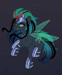 Size: 2977x3578 | Tagged: safe, artist:sugarstar, derpibooru import, king sombra, nightmare moon, princess luna, queen chrysalis, oc, oc only, oc:empress sacer malum, changeling, changeling queen, pony, unicorn, angry, armor, changeling oc, changeling queen oc, commissioner:bigonionbean, curved horn, cutie mark, ethereal hair, ethereal mane, ethereal tail, female, fusion, fusion:empress sacer malum, horn, magic, mare, rule 63, solo, tail, unicorn oc, wings, writer:bigonionbean