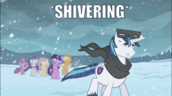 Size: 960x539 | Tagged: safe, edit, edited screencap, editor:undeadponysoldier, screencap, applejack, fluttershy, pinkie pie, rainbow dash, rarity, shining armor, spike, twilight sparkle, dragon, pony, the crystal empire, animated, blizzard, cold, female, freezing, gif, gritted teeth, hebra mountains, image macro, implied link, male, mane seven, mane six, mare, mask, scarf, snow, squinted eyes, stallion, the legend of zelda, the legend of zelda: breath of the wild