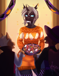 Size: 2550x3300 | Tagged: safe, artist:askbubblelee, oc, oc only, oc:imago, anthro, changeling, unguligrade anthro, anthro oc, changeling oc, clothes, digital art, female, halloween, holiday, nightmare night, smiling, solo focus, sweater, trick or treat