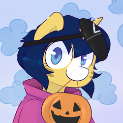 Size: 800x800 | Tagged: safe, artist:2k.bugbytes, oc, oc only, oc:flash reboot, pony, unicorn, alternate hairstyle, blue mane, bust, clothes, coat markings, eye clipping through hair, female, horn, looking at you, mare, mask, mouth hold, portrait, pumpkin, pumpkin bucket, smiling, solo, squid game, unicorn oc, yellow coat