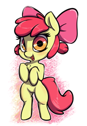 Size: 1664x2384 | Tagged: safe, artist:nottrevbe, derpibooru import, apple bloom, earth pony, pony, alternate hairstyle, bipedal, blushing, female, filly, pigtails, solo