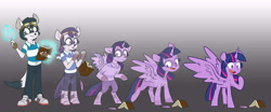 Size: 7975x3310 | Tagged: safe, artist:chub-wub, derpibooru import, twilight sparkle, twilight sparkle (alicorn), oc, oc:palette painter, alicorn, anthro, dog, pony, anthro to pony, book, character to character, clothes, commission, confused, feather, female, furry to pony, glowing, goggles, gradient background, happy, horn, magic, male, male to female, mare, open mouth, open smile, reading, rule 63, sequence, shirt, smiling, solo, species swap, spell, spellbook, transformation, transformation sequence, transgender transformation