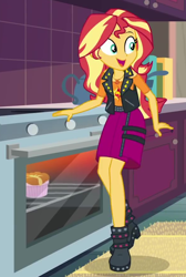 Size: 590x880 | Tagged: safe, derpibooru import, screencap, sunset shimmer, equestria girls, equestria girls series, holidays unwrapped, spoiler:eqg series (season 2), clothes, cropped, cute, female, geode of empathy, kitchen, magical geodes, open mouth, open smile, oven, ramekin, saving pinkie's pie, shimmerbetes, skirt, smiling, solo, souffle