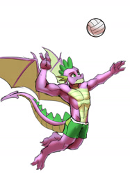 Size: 1280x1707 | Tagged: safe, artist:mykegreywolf, derpibooru import, spike, anthro, dragon, beefspike, muscles, older, older spike, simple background, solo, sports, volleyball, white background, winged spike, wings