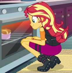 Size: 556x566 | Tagged: safe, derpibooru import, screencap, sunset shimmer, better together, equestria girls, holidays unwrapped, clothes, cropped, cute, female, grin, kitchen, looking at something, oven, ramekin, saving pinkie's pie, shimmerbetes, skirt, smiling, solo, souffle, squatting, vest