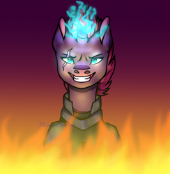 Size: 880x900 | Tagged: safe, artist:silviaandart, derpibooru import, tempest shadow, pony, unicorn, broken horn, bust, evil grin, eye scar, female, fire, glowing, glowing horn, grin, horn, magic, mare, open up your eyes, portrait, scar, smiling, solo