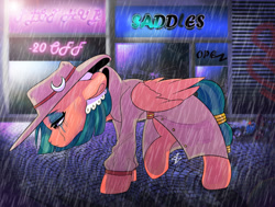 Size: 2250x1698 | Tagged: safe, artist:spidivonmarder, artist:tina art, derpibooru import, somnambula, pegasus, pony, clothes, cyberpunk, fanfic art, fedora, female, frown, hat, mare, private eye, rain, sad, street, trenchcoat