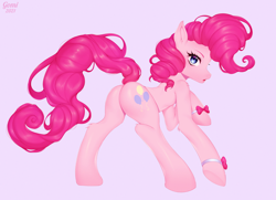 Size: 1400x1015 | Tagged: safe, artist:gomicake, derpibooru import, pinkie pie, earth pony, pony, balloonbutt, bow, butt, female, looking at you, looking back, looking back at you, mare, pink background, plot, raised hoof, raised leg, signature, simple background, solo