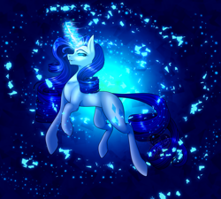 Size: 2000x1800 | Tagged: safe, artist:flabight568, derpibooru import, rarity, pony, unicorn, blue background, blue eyes, blue mane, eyelashes, female, glowing, glowing eyes, glowing horn, horn, lidded eyes, logo, looking at you, magic, magic aura, simple background, smiling, solo, teeth