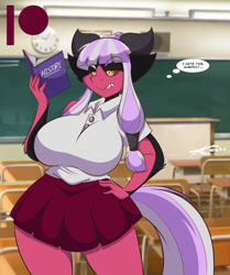 Size: 1068x1280 | Tagged: safe, artist:mastergodai, derpibooru import, oc, oc only, oc:hex, anthro, big breasts, black sclera, book, breasts, classroom, clothes, digital art, female, hand on hip, horn, huge breasts, interspecies offspring, offspring, parent:lord tirek, parent:twilight sparkle, parents:twirek, reading, school, school uniform, schoolgirl, shirt, skirt, solo, studying, tail, text, thighs, thought bubble, wide hips