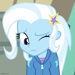 Size: 500x500 | Tagged: safe, derpibooru import, screencap, trixie, better together, equestria girls, forgotten friendship, cropped, one eye closed