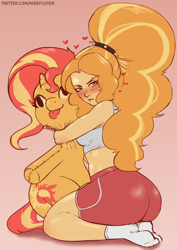 Size: 1240x1754 | Tagged: safe, artist:nire, derpibooru import, adagio dazzle, sunset shimmer, equestria girls, :p, adagio dat-azzle, blushing, butt, clothes, crush plush, curvy, cutie mark, embarrassed, female, floating heart, frown, heart, hug, implied lesbian, implied shipping, implied sunsagio, large butt, looking at you, midriff, plushie, shorts, simple background, socks, solo, spiked headband, stocking feet, tanktop, tongue, tongue out