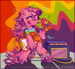 Size: 1280x1195 | Tagged: safe, artist:sidruni, derpibooru import, earth pony, pony, g3, eyes closed, guitar, musical instrument, playing guitar, sky wishes, solo, speaker, tongue, tongue out