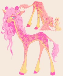 Size: 1280x1547 | Tagged: safe, artist:faeriefeline, derpibooru import, angel bunny, fluttershy, giraffe, rabbit, animal, giraffied, pink background, simple background, species swap