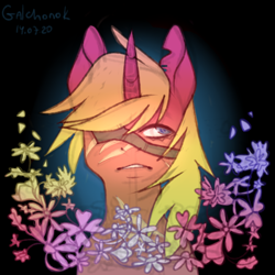 Size: 4000x4000 | Tagged: safe, artist:galchonok, derpibooru import, oc, oc:steel prism, unicorn, bust, eyepatch, male, portrait, scared, stallion