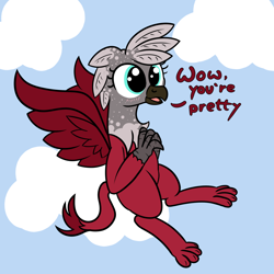 Size: 2000x2000 | Tagged: safe, artist:dafiltafish, derpibooru import, oc, oc:cherry soda, griffon, blushing, flying, griffon oc, text