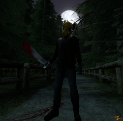 Size: 2206x2160 | Tagged: safe, artist:rainsstudio, derpibooru import, anthro, earth pony, plantigrade anthro, pony, 3d, blood, blood stains, boots, clothes, forest, friday the 13th, halloween, hockey mask, holiday, jacket, jason voorhees, machete, mask, moon, nexgen, nightmare night, pants, ponified, shoes, source filmmaker