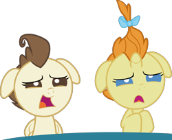 Size: 4484x3654 | Tagged: safe, artist:frownfactory, derpibooru import, edit, edited screencap, screencap, pound cake, pumpkin cake, pegasus, pony, unicorn, baby cakes, baby, baby pony, blue eyes, bow, brown eyes, brown mane, cake twins, colt, do not want, duo, ears, female, filly, floppy ears, foal, fraternal twins, hair bow, high res, horn, male, open mouth, orange mane, siblings, simple background, transparent background, twins, vector