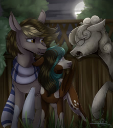 Size: 1280x1451 | Tagged: safe, artist:sugar-0612, derpibooru import, earth pony, pony, clothes, crossover, doctor who, don't blink, female, male, ponified, scarf, statue, the doctor, weeping angel