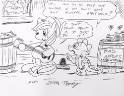 Size: 2852x2209 | Tagged: safe, artist:debmervin, derpibooru import, applejack, spike, dragon, earth pony, pony, black and white, dexterous hooves, duo, female, grayscale, guitar, hoof hold, male, mare, monochrome, musical instrument