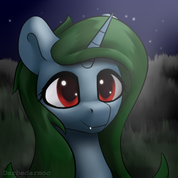 Size: 2048x2048 | Tagged: safe, artist:darbedarmoc, derpibooru import, oc, oc:minerva, pony, unicorn, fangs, grass, night, solo, stars