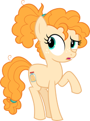 Size: 3000x4059 | Tagged: safe, artist:cloudyglow, derpibooru import, pear butter, earth pony, pony, the perfect pear, .ai available, confused, female, freckles, high res, open mouth, orange mane, orange tail, raised hoof, raised leg, simple background, solo, standing, tail, teal eyes, teenager, transparent background, vector