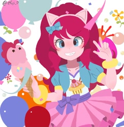 Size: 1221x1251 | Tagged: safe, artist:efuji_d, derpibooru import, pinkie pie, equestria girls, balloon, bracelet, clothes, confetti, emanata, fake ears, food, ice cream, ice cream cone, jacket, jewelry, looking at you, peace sign, pony ears, skirt, smiling, smiling at you, solo