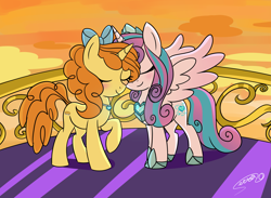 Size: 2739x2000 | Tagged: safe, artist:serra20, derpibooru import, princess flurry heart, pumpkin cake, alicorn, unicorn, adult flurry heart, adult pumpkin cake, blushing, couple, eyes closed, female, lesbian, nuzzling, older, older pumpkin cake, pumpkin heart, shipping, smiling, sunset