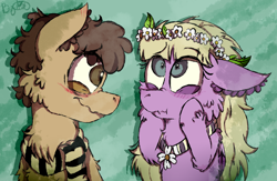 Size: 1136x739 | Tagged: safe, artist:millefaller, derpibooru import, earth pony, pony, abstract background, bust, cheek fluff, clothes, cute, dipper pines, duo, ear fluff, ears, female, floral head wreath, flower, gravity falls, male, mare, pacifica northwest, ponified, scarf, signature, smiling, stallion