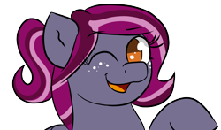 Size: 1364x800 | Tagged: safe, artist:tranzmuteproductions, derpibooru import, oc, oc only, earth pony, pony, bust, earth pony oc, female, freckles, glasses, mare, one eye closed, simple background, smiling, solo, transparent background, wink