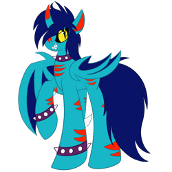 Size: 1500x1500 | Tagged: safe, artist:tragedy-kaz, derpibooru import, oc, oc only, alicorn, bat pony, bat pony alicorn, pony, bat pony oc, bat wings, choker, grin, horn, simple background, slit eyes, smiling, solo, spiked choker, spiked wristband, transparent background, wings, wristband