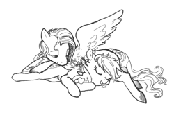 Size: 1084x705 | Tagged: safe, artist:spectralunicorn, derpibooru import, fluttershy, rainbow dash, pegasus, pony, rabbit, animal, black and white, cuddling, drool, eyes closed, female, flutterdash, grayscale, lesbian, lidded eyes, lineart, looking at someone, lying down, mare, monochrome, open mouth, shipping, simple background, sleeping, sleepydash, smiling, spread wings, white background, wings