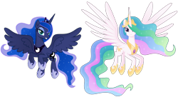 Size: 7000x3800 | Tagged: safe, artist:negatif22, derpibooru import, princess celestia, princess luna, alicorn, pony, absurd resolution, crown, duo, duo female, ethereal mane, ethereal tail, female, flying, grin, jewelry, looking at you, mare, movie accurate, regalia, royal sisters, siblings, simple background, sisters, smiling, smiling at you, spread wings, transparent background, wings