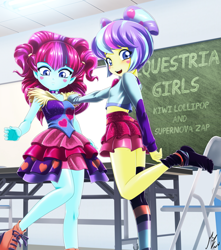 Size: 2553x2894 | Tagged: safe, artist:mauroz, derpibooru import, kiwi lollipop, supernova zap, equestria girls, absurd file size, anime, chair, chalkboard, clothes, commission, female, k-lo, looking at you, open mouth, open smile, postcrush, smiling, socks, striped socks, su-z, table, younger