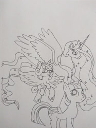 Size: 1280x1707 | Tagged: safe, artist:gojira1604shinomura, derpibooru import, princess celestia, princess flurry heart, twilight sparkle, twilight sparkle (alicorn), alicorn, pony, baby, baby pony, pencil drawing, sketch, traditional art, trio