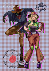 Size: 1534x2213 | Tagged: safe, artist:traupa, derpibooru import, applejack, human, anime, applerack, breasts, clothes, crossover, female, humanized, jojo's bizarre adventure, stand, style emulation