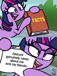 Size: 500x667 | Tagged: safe, derpibooru import, edit, editor:andyxdr, twilight sparkle, twilight sparkle (alicorn), alicorn, pony, book, caption, exploitable meme, female, image macro, imgflip, implied discord, mare, meme, open mouth, open smile, smiling, solo, text, twilight's fact book