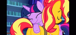 Size: 2340x1080 | Tagged: safe, derpibooru import, screencap, sunset shimmer, twilight sparkle, twilight sparkle (alicorn), alicorn, pony, unicorn, better together, equestria girls, forgotten friendship, butt, butt touch, duo, duo female, female, hoof on butt, hug